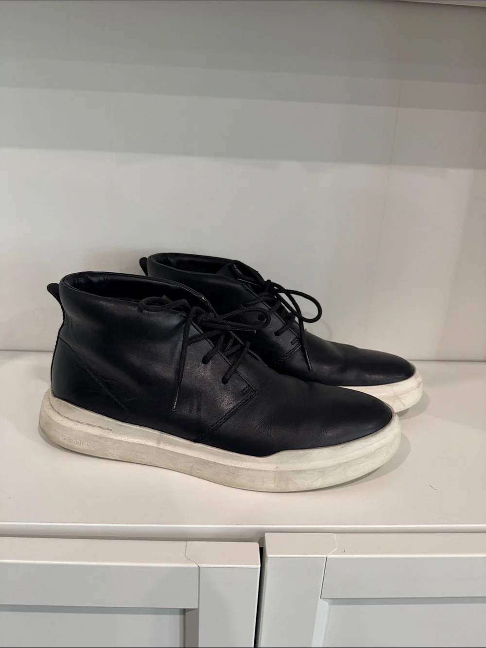 Men's Black Leather High-Top Sneakers with White Sole